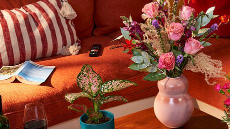 Sofa mit Sofatisch, Blumen, Wein und Fernbedienung - Foto: PR Bloom & Wild
