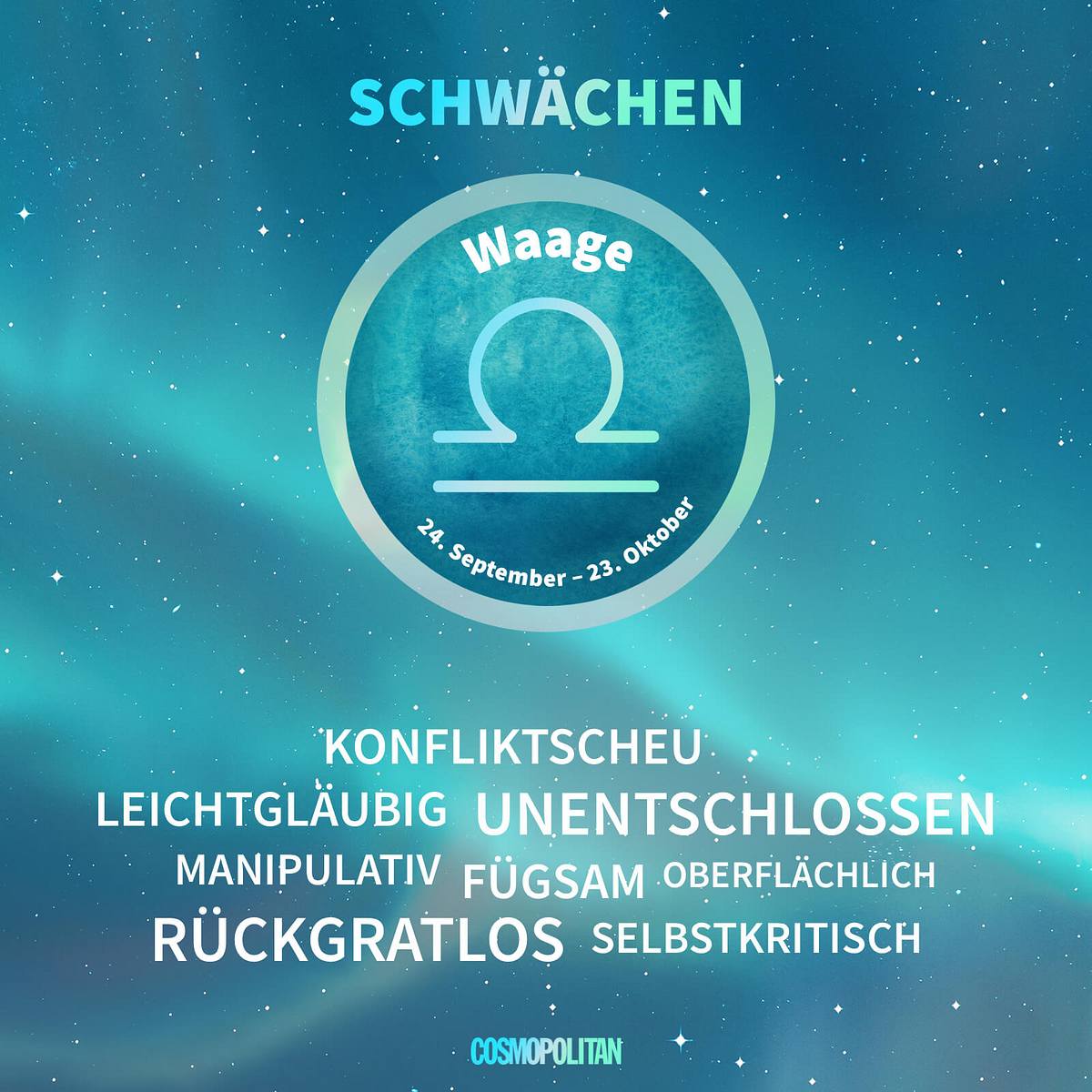 Die Schwächen der Waage Grafik mit einer Auflistung von Schwächen des Sternzeichens Waage