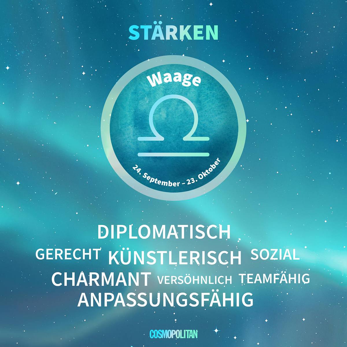 Die Stärken der Waage Grafik mit einer Auflistung von Stärken des Sternzeichens Waage
