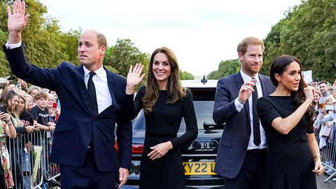 William, Kate, Harry und Meghan stehen hinter einem Auto auf der Straße und winken - Foto: Getty Images / Chris Jackson / Staff